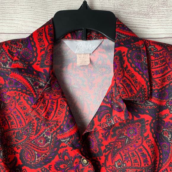 Vintage Blair Red Paisley Button Up Blouse Long Sleeve V-Neck Size 12P - Picture 13 of 15